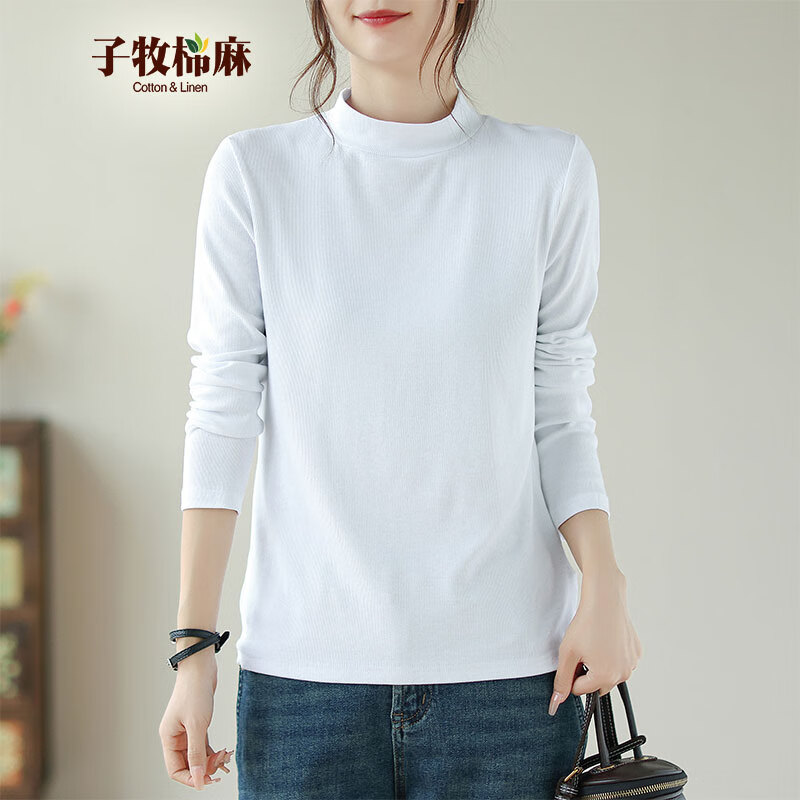 子牧棉麻秋装 女韩版百搭打底衫内搭长袖薄款半高领螺纹T恤上衣8701 珍珠白半高领 2XL (建议140-155斤)