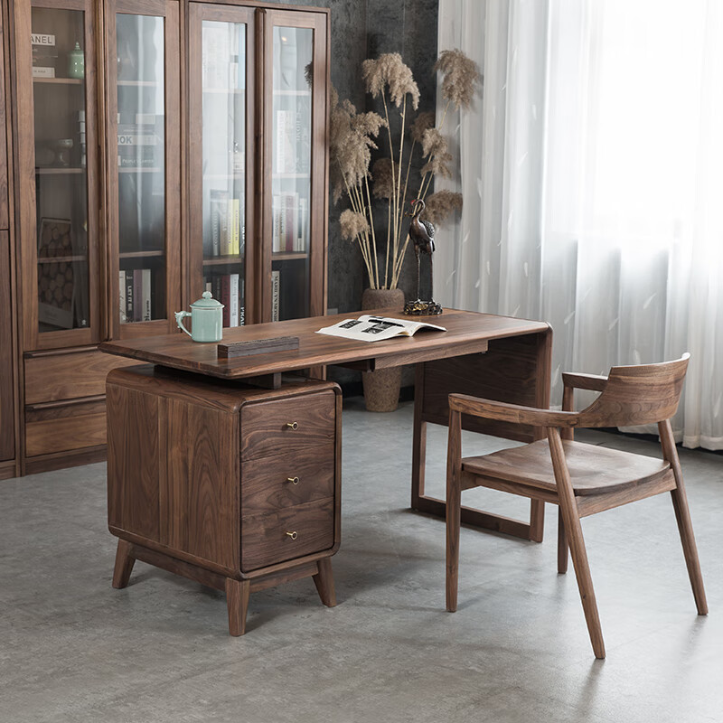 渺帆白蜡木书桌实木北美黑胡桃木橡木现代小户型轻奢实木书房卧室 黑