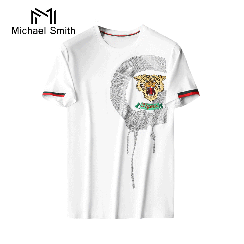 michael smith夏季新款丝光棉烫钻老虎头圆领t恤潮男短袖时尚轻奢潮牌