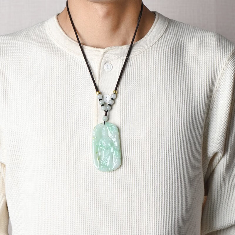 月光菩薩　お面　即購入⭕️ 千载一玉冰底翡翠观音吊坠男款冰底淡绿玉观音玉坠玉器挂件带证书