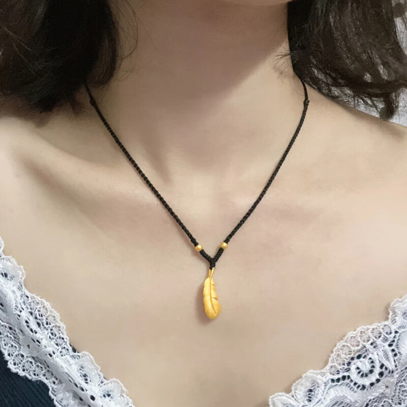 dlez老凤凰999足金羽毛吊坠女黄金转运珠项链编织黑绳锁骨链送女友礼
