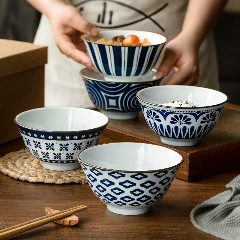 inscription 中式国风米饭碗 家用吃饭碗套装高颜值陶瓷餐具 几何5只