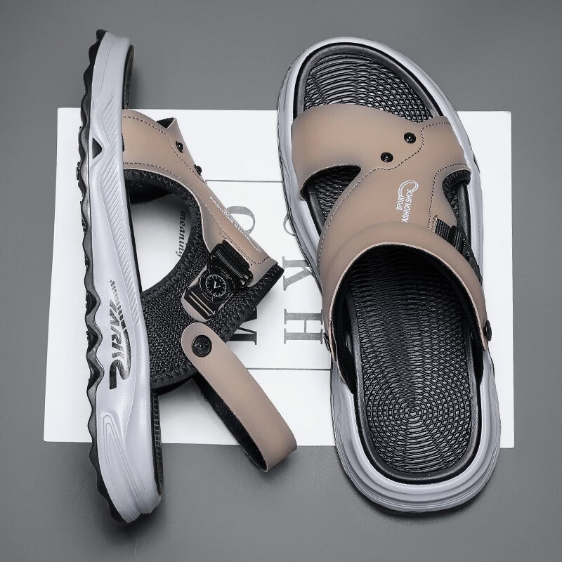 新百伦凉鞋男夏季外穿开车上班两用防滑拖鞋户外厚底越南沙滩鞋 卡其