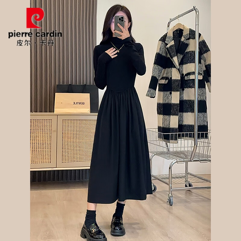 皮尔卡丹（pierre cardin）大·衣内搭连衣裙2025新款小个子赫本风黑色针织女秋冬打底长裙 黑色半高领【深冬装搭配一整套/ S 40/45kg
