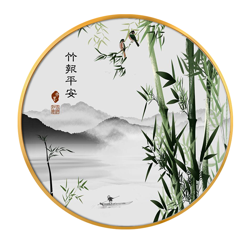 新款竹报平安圆形装饰画新中式玄关走廊过道挂画中国风景山水竹子壁画