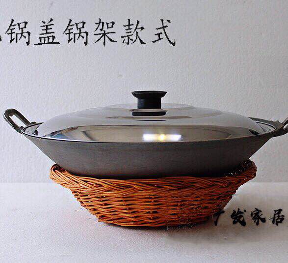 PJ地锅鸡专用锅传统老式双耳炒锅无涂层圆底尖底地锅鸡铸铁生铁 1寸 口径38厘米带钢盖+锅刷+绑锅耳0cm