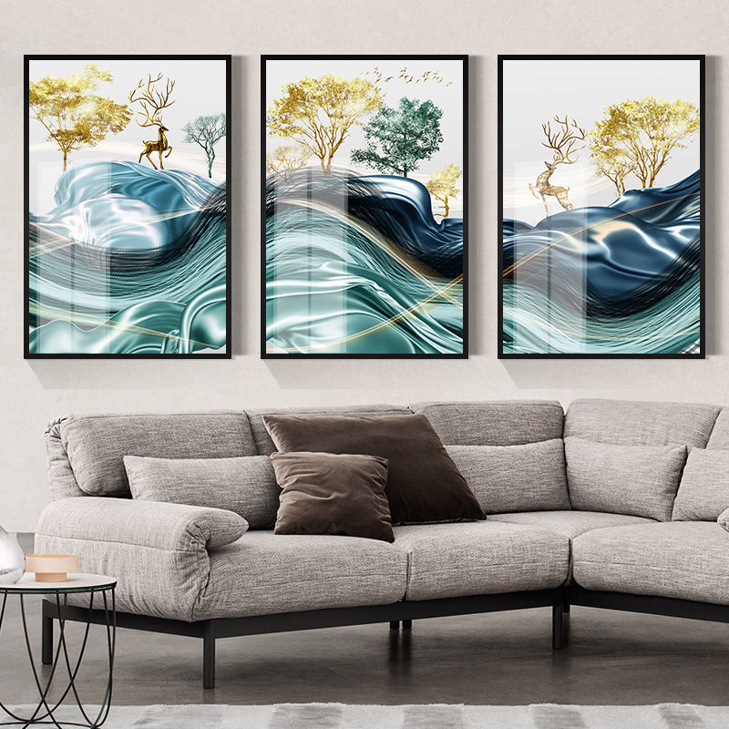 【精选直发】沙发背景墙画客厅装饰画三联画挂画卧室墙壁画沙滩海水画现代简约北极象 A黑边 20*30cm(布纹膜每人限购一套)