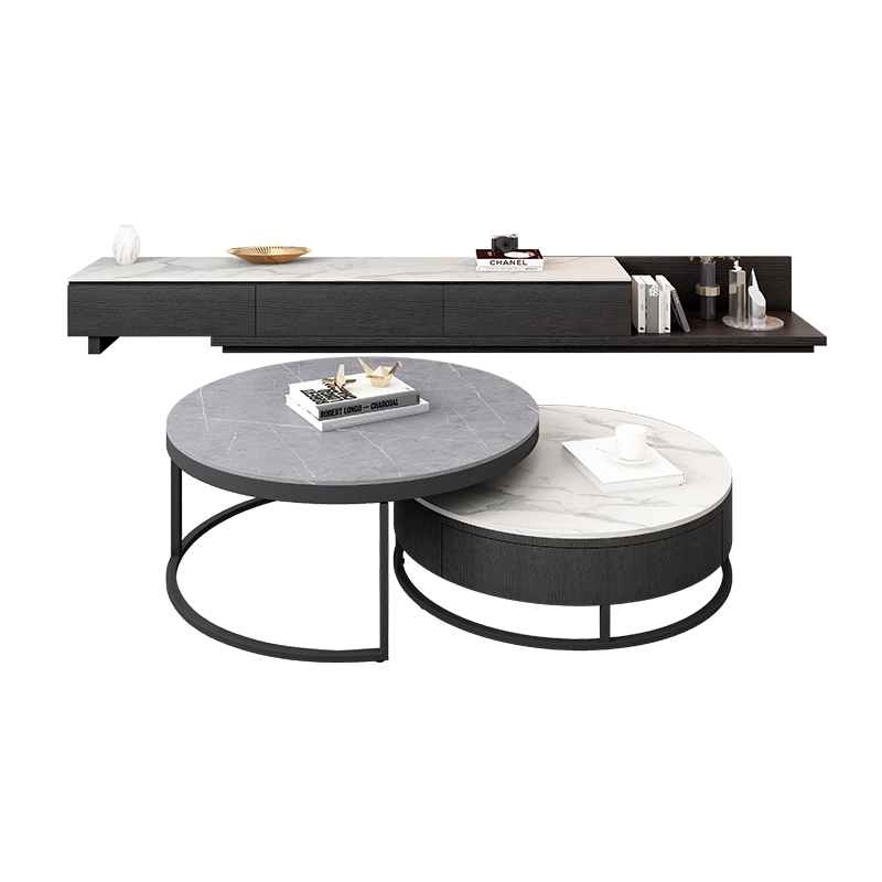 MELCHERS 岩板茶几电视柜组合大小圆形伸缩现代简约地台北欧客厅地柜 岩板茶几组合［70-80cm］ 下单后联系客服备注岩板颜色