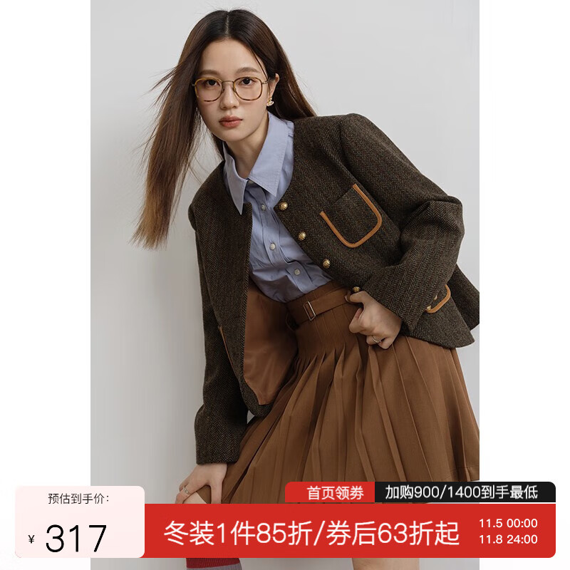 独束大码女装撞色圆领复古单面呢外套女冬装新款彩色人字呢羊毛外套 茶棕色 XXL怎么样,好用不?
