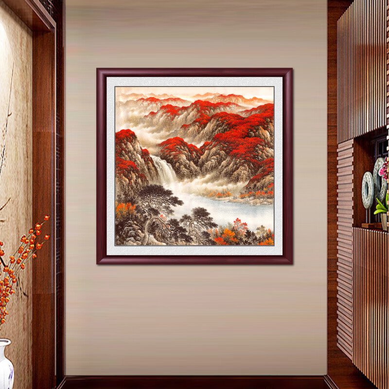 正方形国画客厅靠山挂画流水生财山水过道装饰画玄关壁画 鸿运当头-1