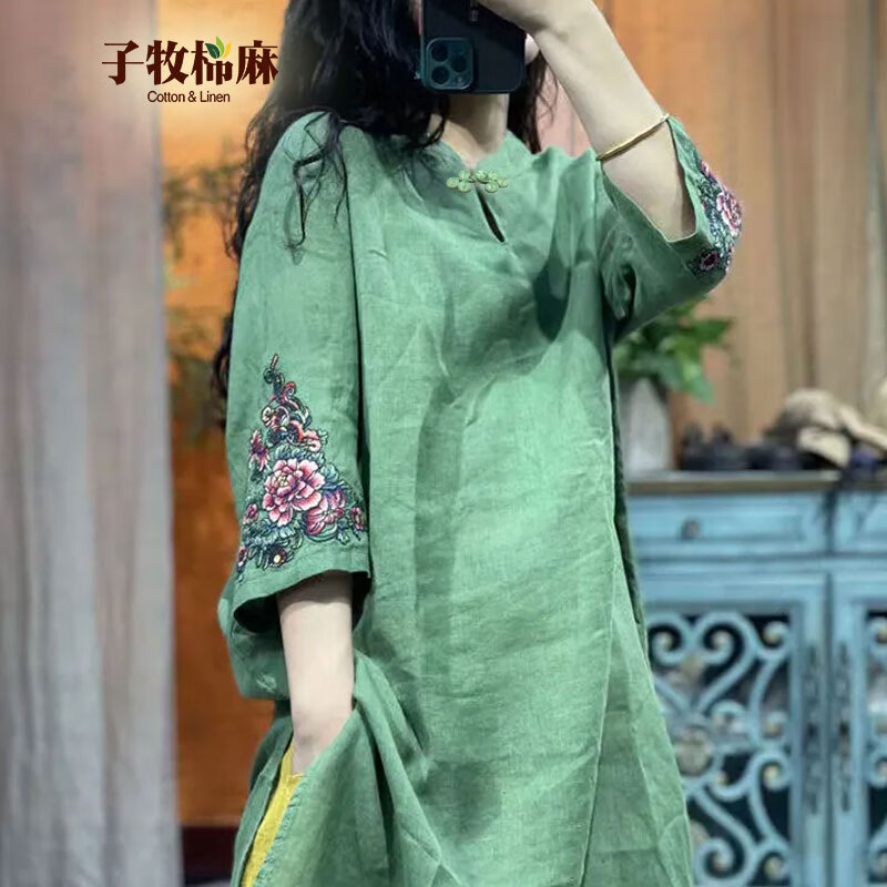 子牧棉麻2024夏装 女复古刺绣连衣裙民族风盘扣七分袖中式改良裙子