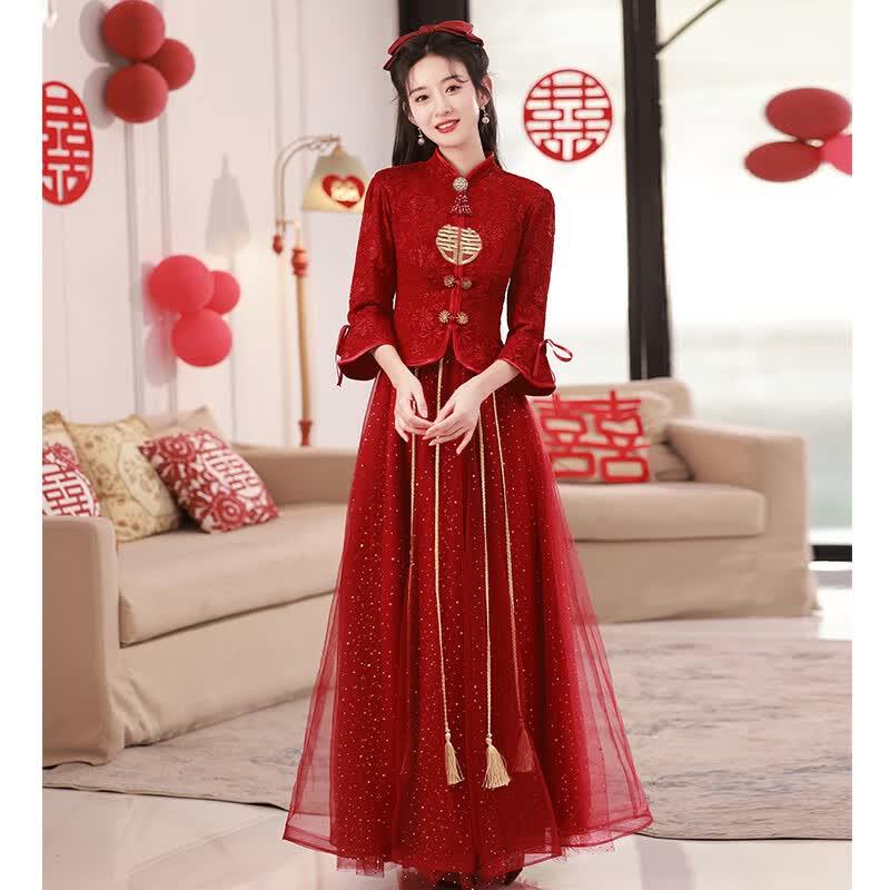 塞德勒（SAIDELE）敬酒服新娘夏季酒红色订婚礼服裙中式回门便装高端蕾丝改良结婚女 酒红色长款 XXXL (建议136-145斤)怎么看?