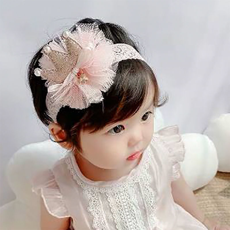 女婴婴儿发带宝宝公主头饰新生儿百日头花女婴满月网红蝴蝶结发饰 淡