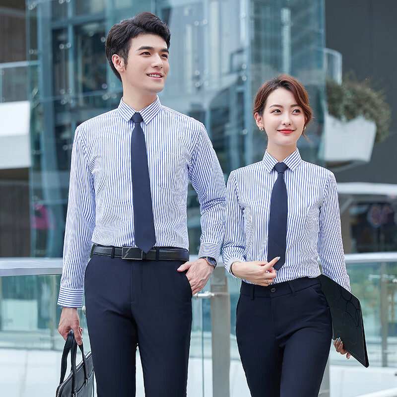 锐明凯条纹款长袖衬衫男春秋商务男女同款商务衬衣职业装修身免烫工作