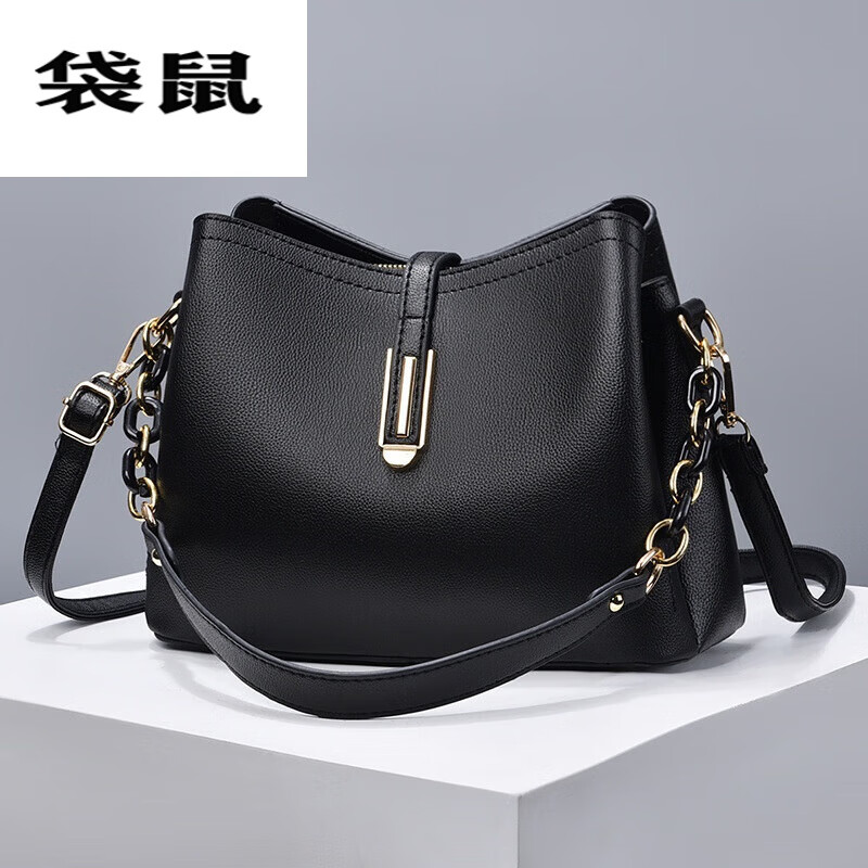 袋鼠【女包】包包女简约贝壳小包时尚休闲单肩斜挎包 黑色