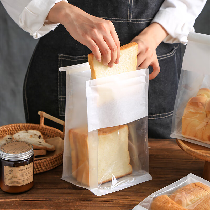 汀柯 面包店手提塑料袋子蛋糕烘焙包装袋透明开窗铁丝卷边白棉纸袋