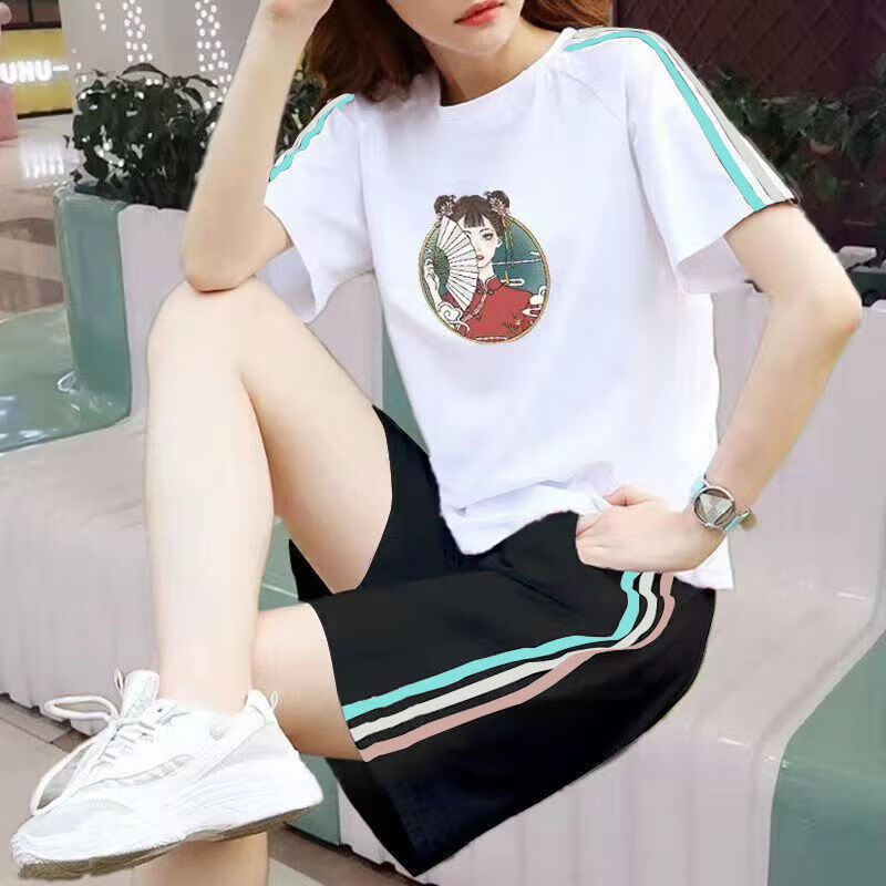 邦菲尔纯棉休闲运动服套装女夏季新款大码宽松学生短袖短裤两件套潮 单件白色三色上衣字母 4XL 建议160-180斤