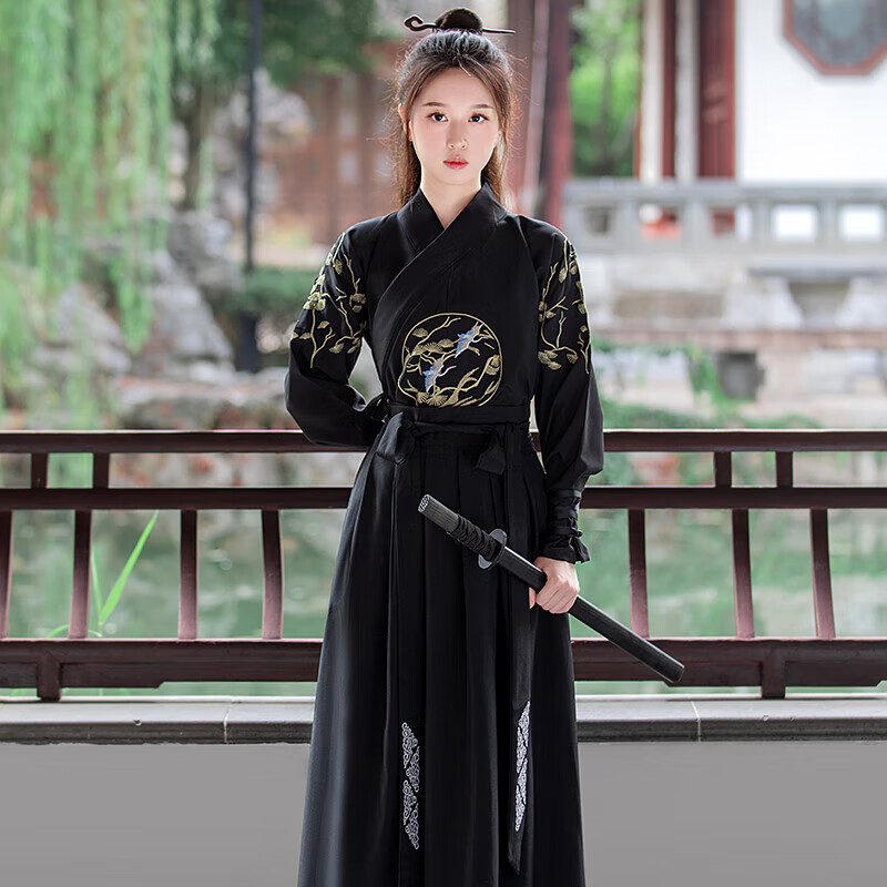 恩若凡女侠风古装汉服黑色女刺绣中国风武侠侠客男女同款交领齐腰 上