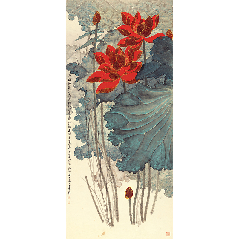 张大千金线荷花三尺四尺国画装饰画画心画芯花鸟画 金线荷花 三尺(45*