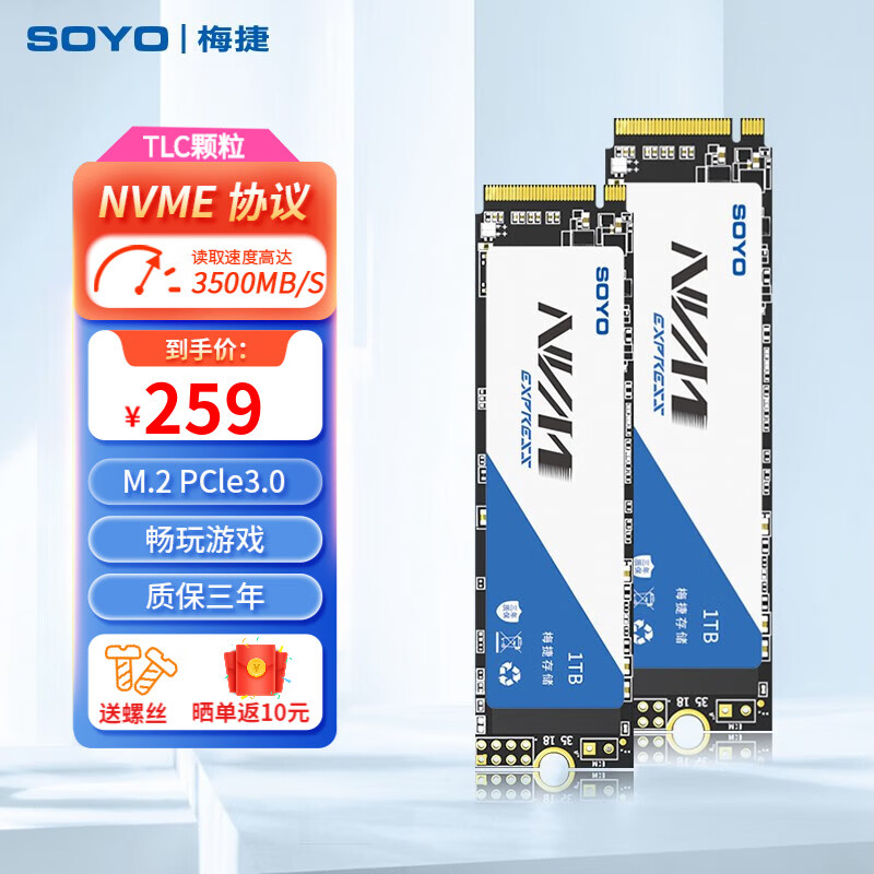 梅捷（SOYO） M.2 NVMe PCIe3.0 SSD固态硬盘台式笔记本硬盘 M.2 NVEM协议 1TB