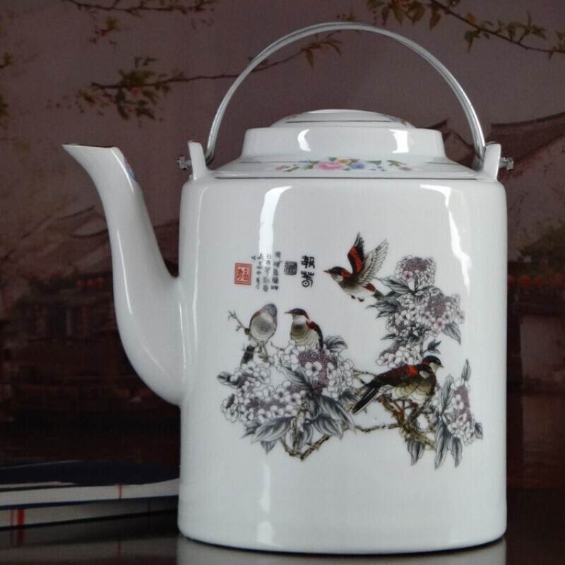 景德鎮(zhèn)陶瓷器提梁壺大容量傳統(tǒng)茶壺耐高溫防爆老式復(fù)古涼水壺 3升報(bào)春圖