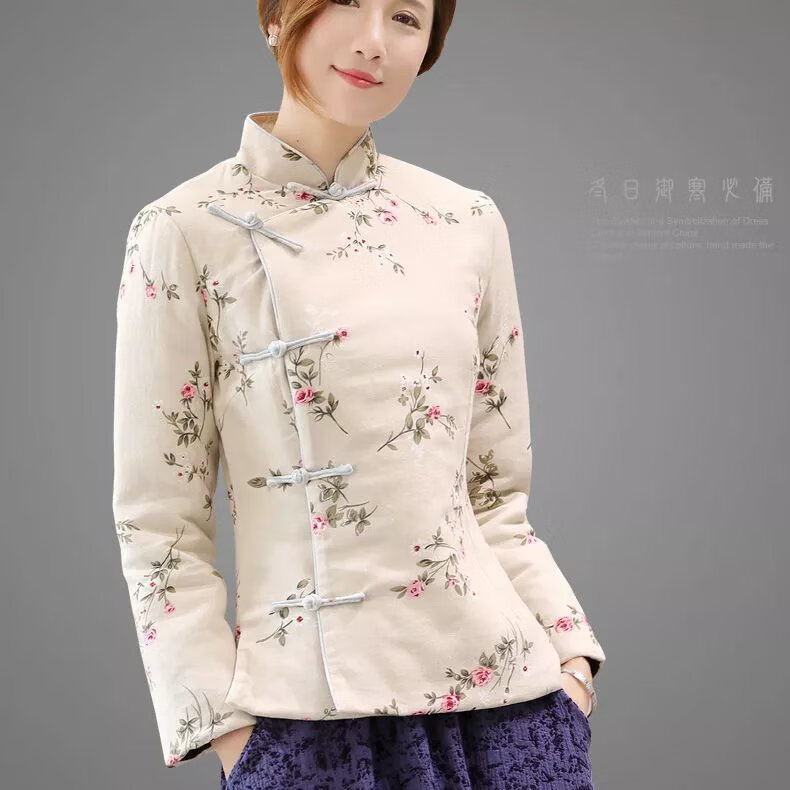 万派摩唐装小棉袄女短款中式民族风棉衣修身复古棉袄女冬 忘忧草短