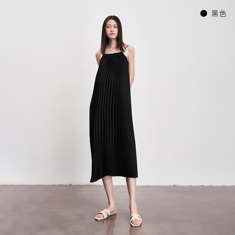 Sellynear孕妇装夏款新款吊带裙时尚宽松法式优雅丝滑百褶裙 黑色 S