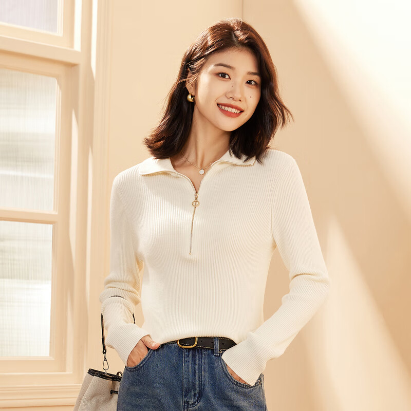 恒源祥弹力修身羊毛衫女秋季新款拉链翻领套头毛衣休闲纯色内搭针织衫女 奶白色 165/88A/M