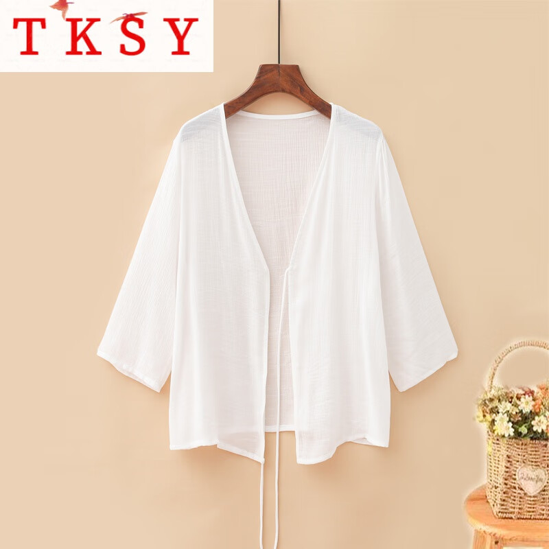TKSY棉麻披肩夏季配吊带裙子外搭开衫女薄款宽松防晒衣外套亚麻罩衫 白色 均码