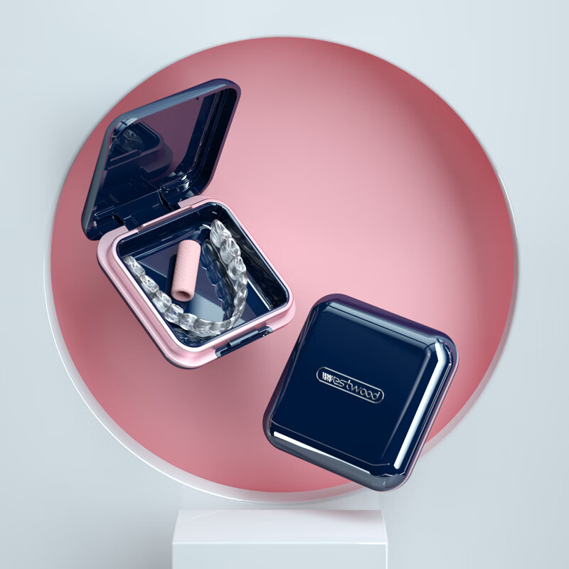 westwood牙套盒隐形牙套收纳盒保持器便携式收纳盒隐适美正畸矫正器清洁盒 带镜子牙套盒-宝石蓝+小刷