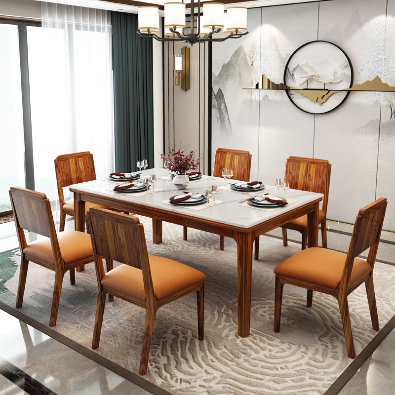 缦宛木石 中式餐桌大理石长方形实木餐台椅组合一桌六 乌金木餐桌