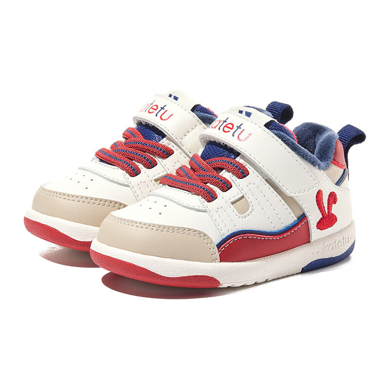 卡特兔男女宝宝学步鞋冬季软底机能鞋加绒保暖婴儿鞋小童防滑棉鞋 白红灰 20 内长12.5cm 脚长11.5-12.0