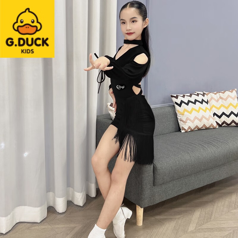 G.DUCKKIDS女童夏季拉丁舞蹈服少儿拉丁舞服套装裙流苏专业考级表演出女童长 黑色 L