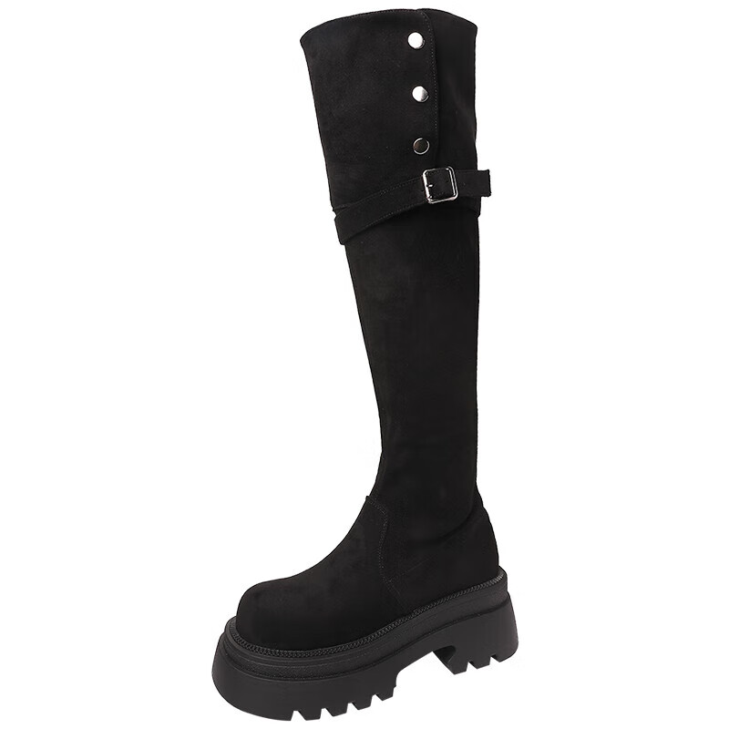 惠奴比厚底显瘦绒面堆堆弹力靴过膝靴子女2025秋冬新款两穿长筒靴时装靴 黑色【加绒款】 39