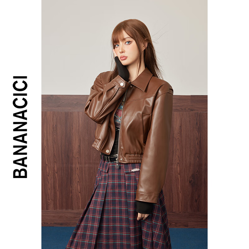 banana cici2023年秋冬新款美拉德复古PU皮百搭机车皮衣外套上衣C234WT167 深咖啡(摩卡咖) L