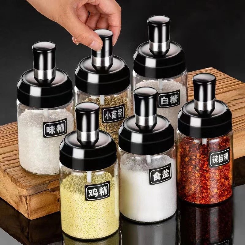 玻璃调料盒厨房收纳调料瓶子套装盐罐防潮密封家专用组合调味料罐 ; 6只调料瓶勺子款  +贴纸