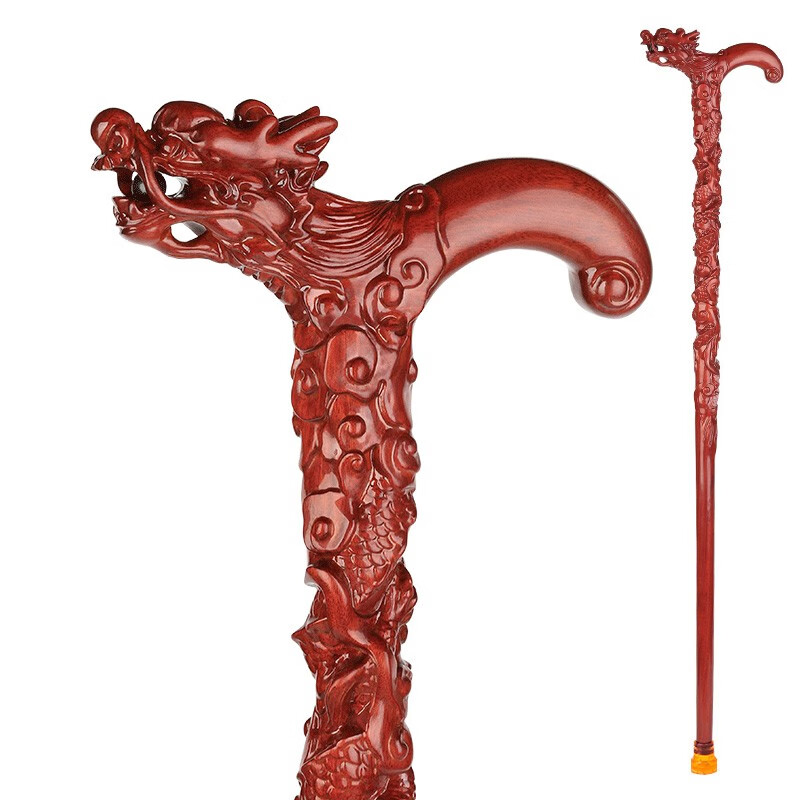 雅轩斋 老人龙头拐杖实木雕刻防滑拐扙 精美牢固耐用 防滑脚垫非桃木