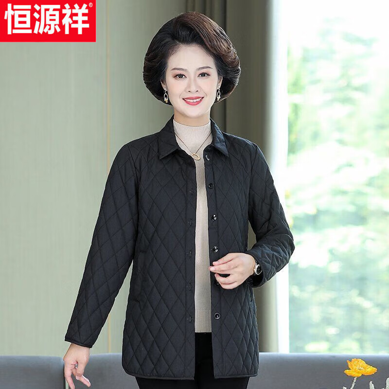恒源祥妈妈秋冬季轻薄棉衣外套中年女装薄款棉服中长款宽松大码加棉上衣 黑色 XL 建议90105斤怎么看?