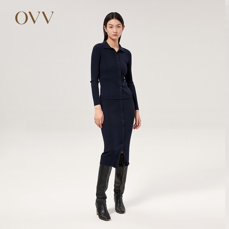 OVV【黄金羊毛】OVV秋冬松紧腰假门襟修身立体针织羊毛半裙女 藏青A4 S