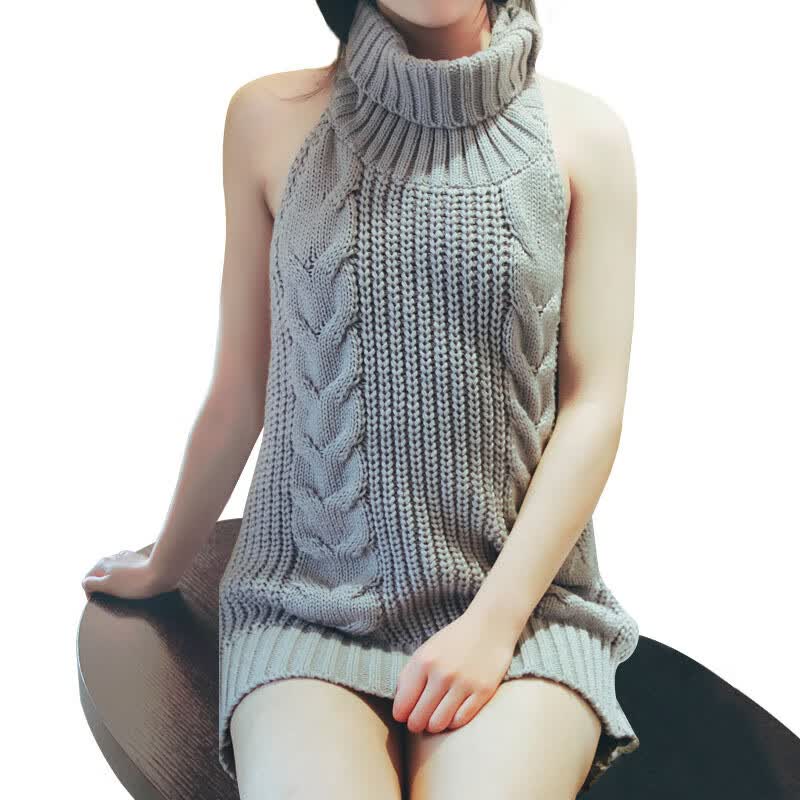 的半高领毛衣2022秋冬季性感毛衣半高领无袖针织套头上衣 少女团子cos
