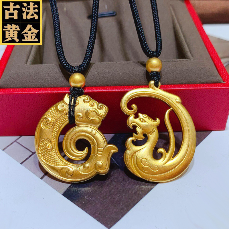 小腰金 传承系列古法金吊坠女黄金龙凤牌一对足金坠子挂绳女黑绳项链