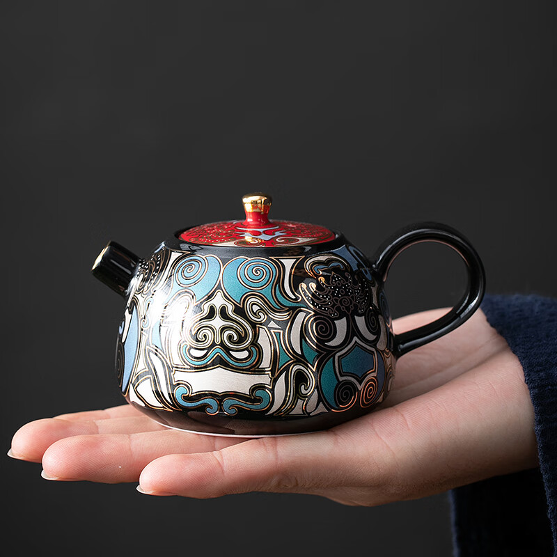 午间 金银错泡茶壶中式饕餮纹单壶小号功夫陶瓷茶具国风轻奢茶壶礼盒