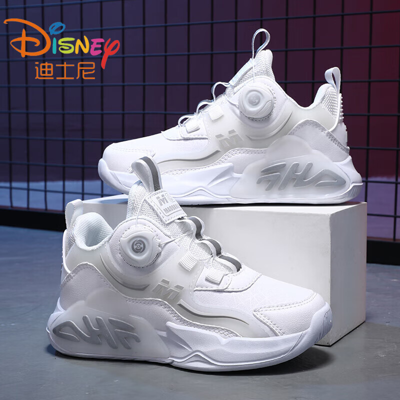 迪士尼(disney)男童鞋鞋子新款秋季款儿童小白鞋中大童旋转纽扣运动鞋