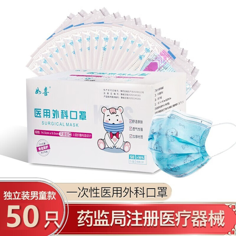 如喜医用小号口罩，适合4-12岁儿童佩戴