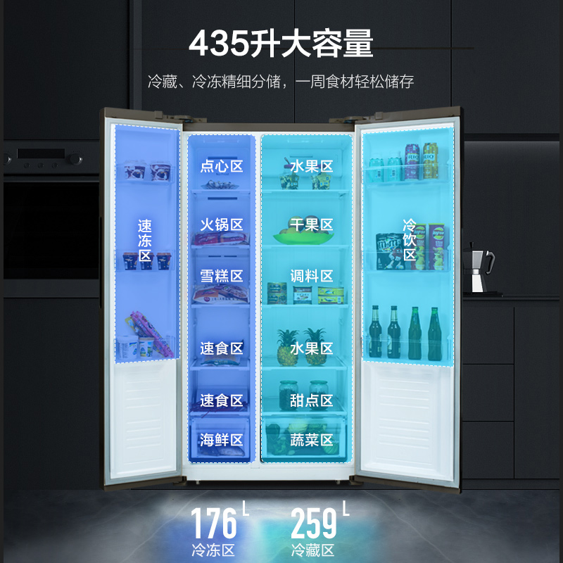 美菱(MELING)【甄净】435升对开双开两门家用电冰箱一级能效风冷无霜变频净味-32度速冻BCD-435WPCX超薄嵌入