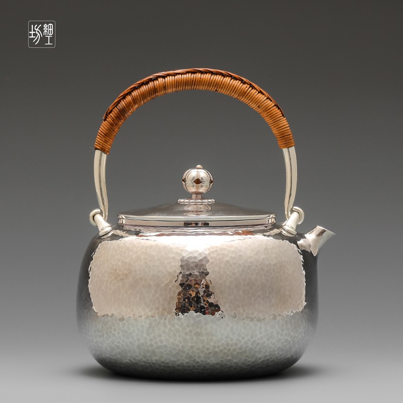 细工坊银壶 日本纯手工纯银9999烧水壶银茶具银器泡茶壶 雾隐.宝珠形
