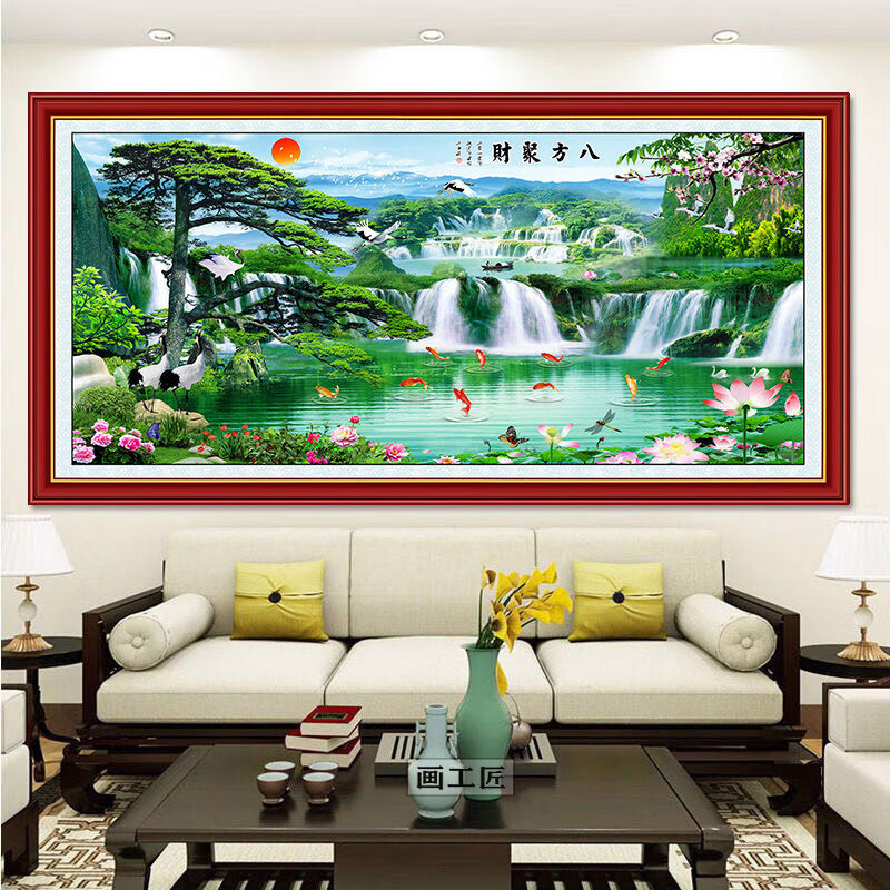 山水画客厅风水3d背景墙贴画自粘壁画风景靠山字画 k16款  八方来财