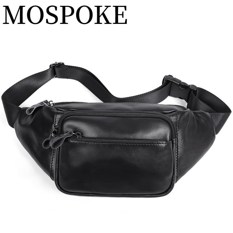 mospoke男士牛皮腰包户外旅行包手机包休闲运动斜挎胸包男 黑色 注意
