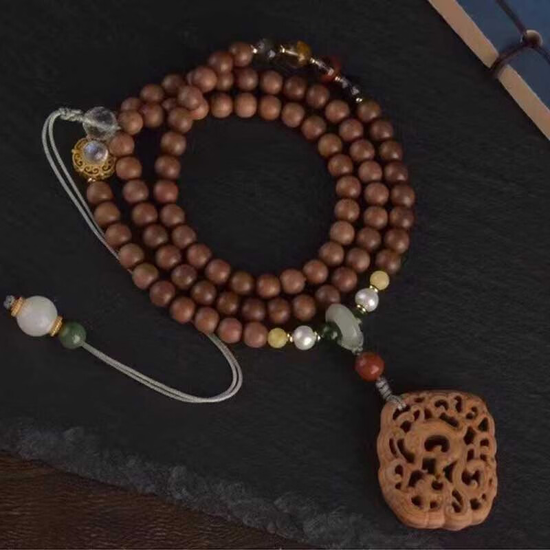 印度老山檀香配老山镂空雕花龙头6mm项链文玩佛珠女款自戴送礼