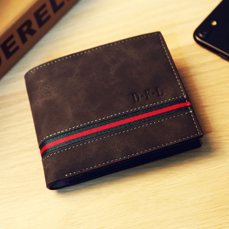 【精选】【】男士钱包男短款个性学生皮夹子钱包青年韩版男款软皮钱夹哈璐亚 灰黑带横条